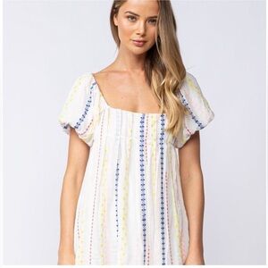 Sky to the Moon Boho Pink Stefania White Embroidered Puff Sleeve Dress